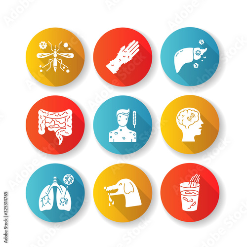 Viral infections flat design long shadow glyph icons set. Different infectious diseases, bacterial viruses. Medical diagnosis, virology. Various bacterial pathogens silhouette RGB color illustration