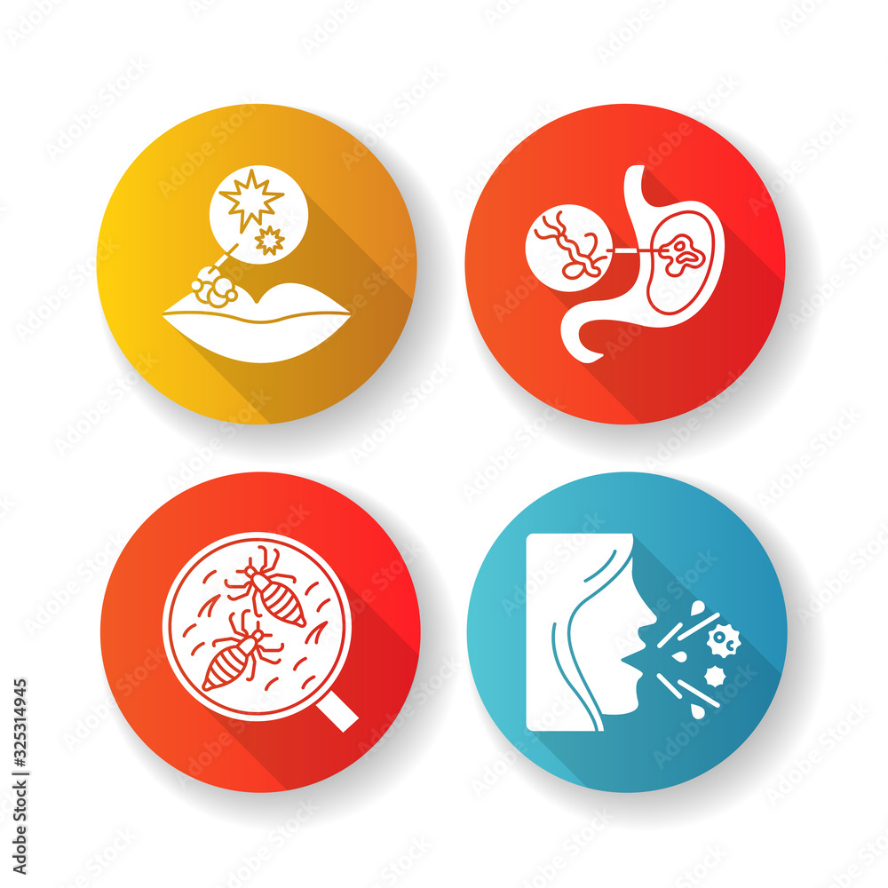 Infectious illnesses flat design long shadow glyph icons set. Herpes, helicobacter pylori, pediculosis and pertussis. Medical diagnosis. Bacterial infections silhouette RGB color illustration