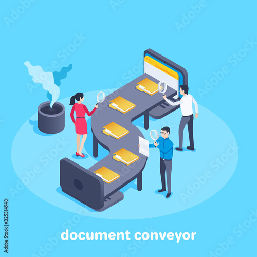isometric vector image on a blue background, men and women check files passing on a tape from one laptop to another, document conveyor