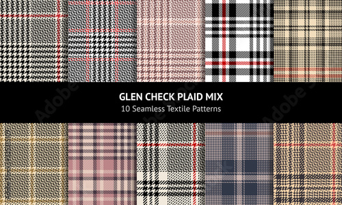 Glen check plaid pattern set. Seamless hounds tooth vector tartan plaid background texture for jacket, skirt, trousers, or other modern spring, autumn or winter tweed textile design.