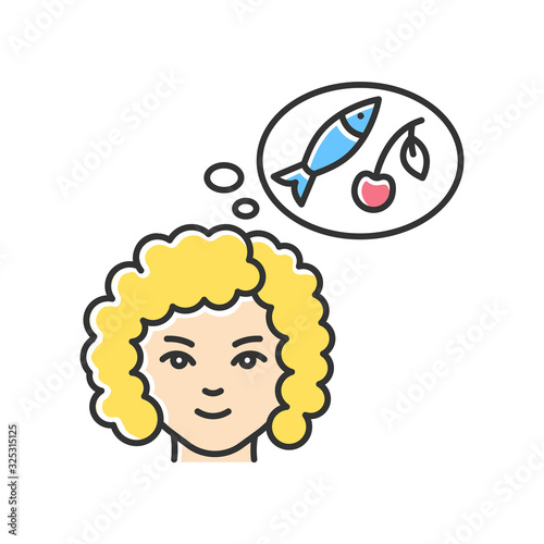 Food craving RGB color icon. Woman on healthy diet. Lady with appetite for fish and fruit. Thinking of nutritious meal. Pregnant lady hungry. Early pregnancy symptom. Isolated vector illustration