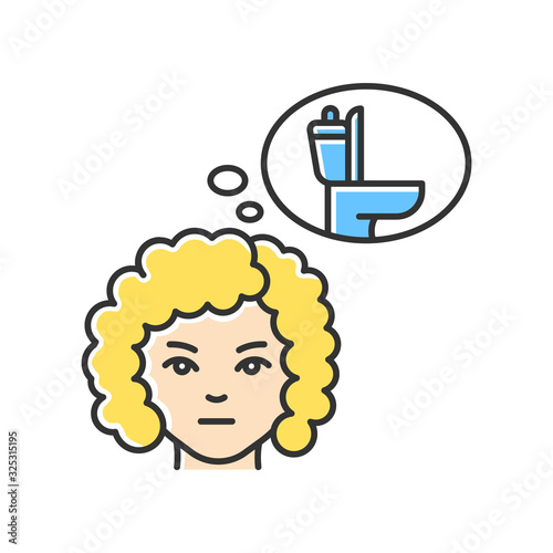Frequent urination RGB color icon. Urgent need to pee. Early symptom of pregnancy. Sign of diabetes. Woman thinking of toilet. Public restroom use for cystitis. Isolated vector illustration