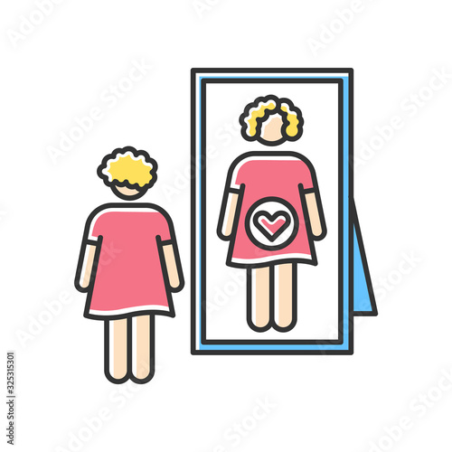 Intuitive feeling RGB color icon. Early sign of pregnancy. Woman awaiting for baby. Expectant adult. Lady looking in mirror. Anticipation to give birth. Isolated vector illustration