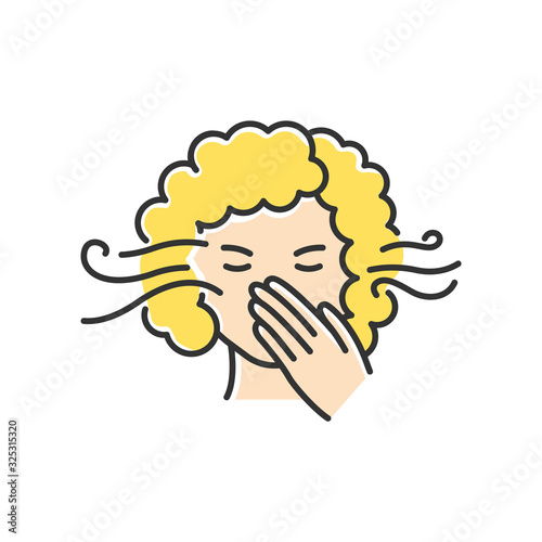 Smell sensitivity RGB color icon. Early symptom of pregnancy. Woman with allergy. Migraine sign. Bad breath. Person covering mouth. Hygiene and sanitation. Isolated vector illustration