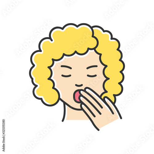 Drowsiness RGB color icon. Sleepy woman. Tired lady. Fatigue and burnout. Early symptom of pregnancy. Sleep deprivation. Insomnia sign. Yawning from exhaustion. Isolated vector illustration