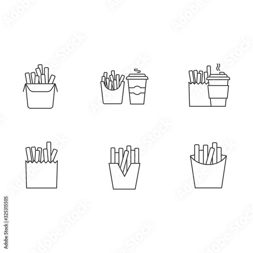French fries pixel perfect linear icons set. Customizable thin line symbols. Fast food cafe menu. Fried potato in paper packages. Take away meal. Vector isolated outline drawin. Editable strokes