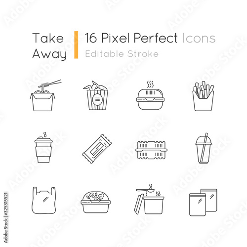 Takeaway food packages pixel perfect linear icons set. Customizable line symbols. Take out meal containers. Noodles, bucket of wings. Contour symbol.Vector isolated outline drawing. Editable strokes