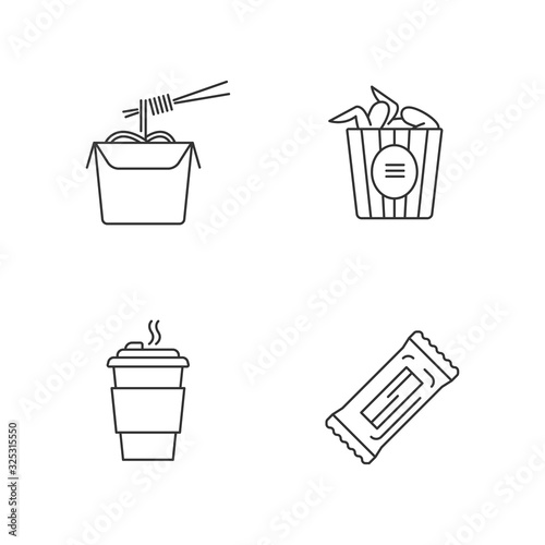 Takeaway food pixel perfect linear icons set. Customizable thin line symbols. Bucket of chicken wings, chinese noodles, coffee to go. Take away meal. Vector isolated outline drawing. Editable strokes