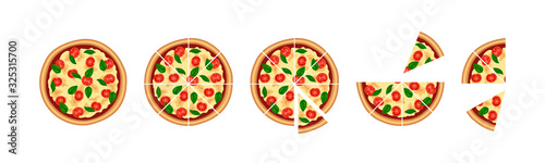 Tasty sliced pizza set. Piece of margherita with tomato, cheese, basil top view isolated on white background. Flat traditional italian fast food icon. Vector illustration for web, advert, menu