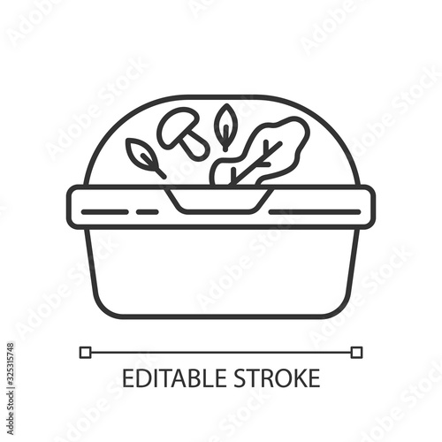 Plastic container for salad pixel perfect linear icon. Thin line customizable illustration. Reusable lunchbox. Takeaway food package. Takeout meal in lunch box. Vector isolated drawing Editable stroke