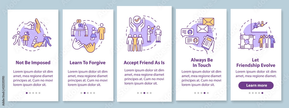 Mutual friendship onboarding mobile app page screen with concepts. Being good friend tips, social relations walkthrough 5 steps graphic instructions. UI vector template with RGB color illustrations