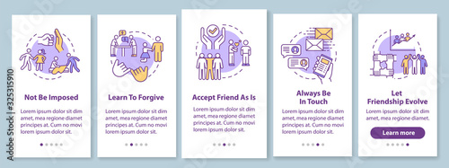 Mutual friendship onboarding mobile app page screen with concepts. Being good friend tips, social relations walkthrough 5 steps graphic instructions. UI vector template with RGB color illustrations © bsd studio