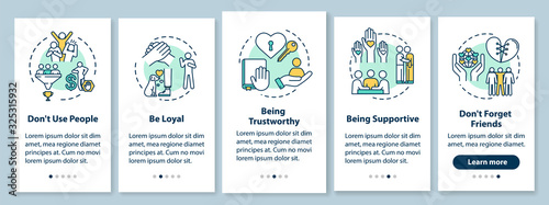 Friends relationship onboarding mobile app page screen with concepts. Be loyal, trustworthy and supportive walkthrough 5 steps graphic instructions. UI vector template with RGB color illustrations