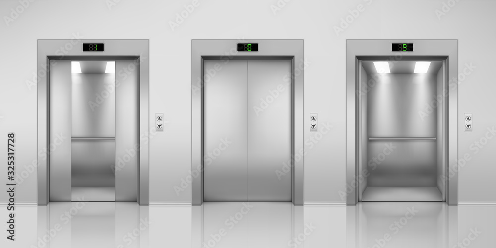 Realistic vector elevators with opened and closed, half-open doors ...