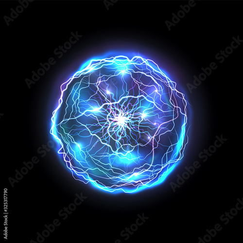Isolated energy ball made of lightning. Glowing realistic blue circle or abstract vector bright sphere, magic electrical bolt. Plasma and thunder, thunderstorm and orb, thunderbolt, storm ring. Power