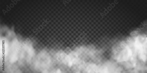 Vector realistic smoke cloud or gray fog, rocket or missile launch pollution. Abstract gas on transparent background, vapor machine steam or explosion dust, dry ice effect, condensation, fume photo