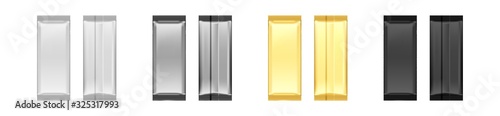 Set of realistic front and back sides of blank flow packs isolated on white background