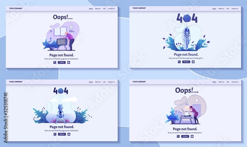 Page not found error message for website vector illustration. Warning alert, network connection problem, internet search failure. Set of modern designs for website error page, conceptual art