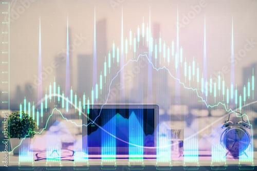 Forex Chart hologram on table with computer background. Double exposure. Concept of financial markets.