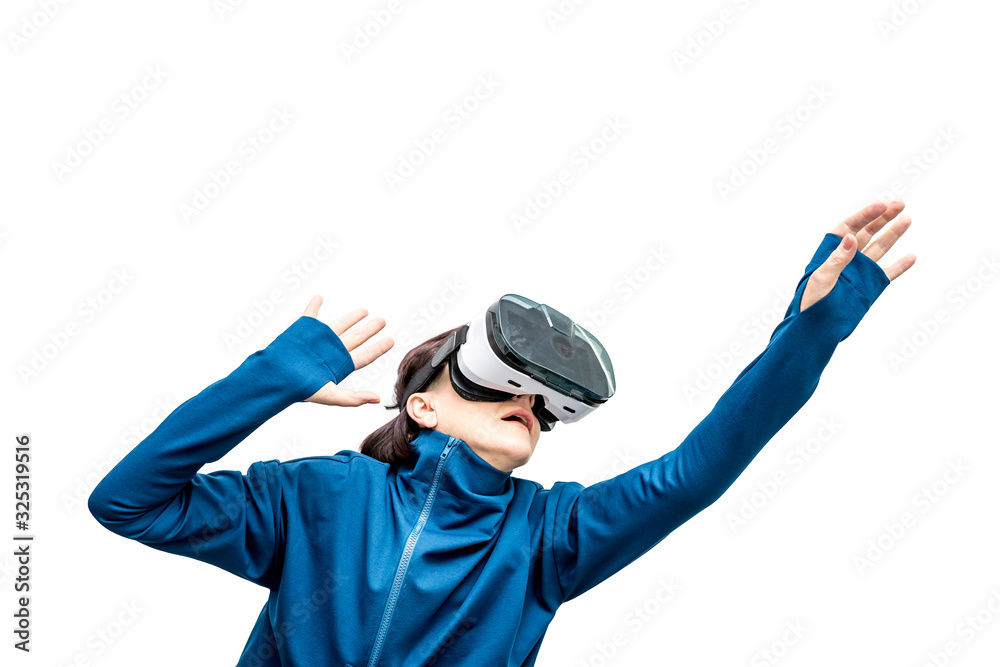 woman in 360 view virtual reality headset playing the game isolated on white background. 3D device gadget for watching movies for travel and entertainment in 3d space.. Cardboard VR AR glasses woman in 360 view virtual reality headset playing the game isolated on white background. 3D device gadget for watching movies for travel and entertainment in 3d space.. Cardboard VR AR glasses