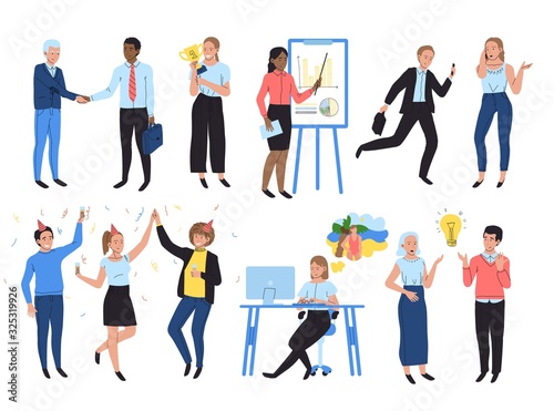 Business people work in office, cartoon characters vector illustration. Man and woman employees in different office activities, working and cooperating businessmen, successful company workers isolated