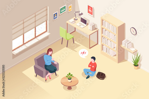 Teenager kid at psychologist counseling, psychology therapy and psychotherapy session, vector isometric design. Psychologist counselor and boy patient in anger, school behavior and life problems