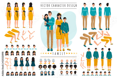 Family cartoon characters constructor set vector illustration. Parents and children in different poses, isolated editable body parts, facial expressions and age. Family generator constructor set