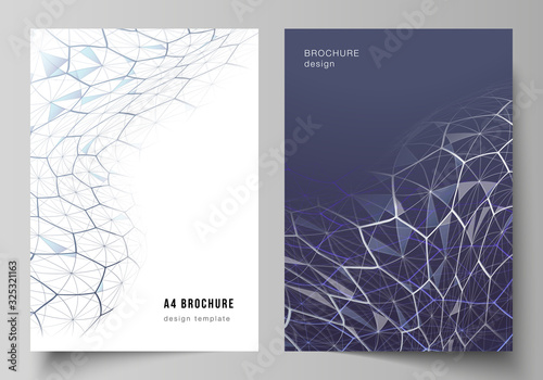 Vector layout of A4 format cover mockups design templates for brochure, flyer. Digital technology and big data concept with hexagons, connecting dots and lines, polygonal science medical background.