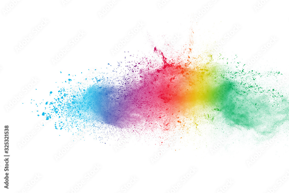 Colorful powder explosion on white background. Colored cloud. Colorful dust explode. Indian festival Holi - obrazy, fototapety, plakaty 