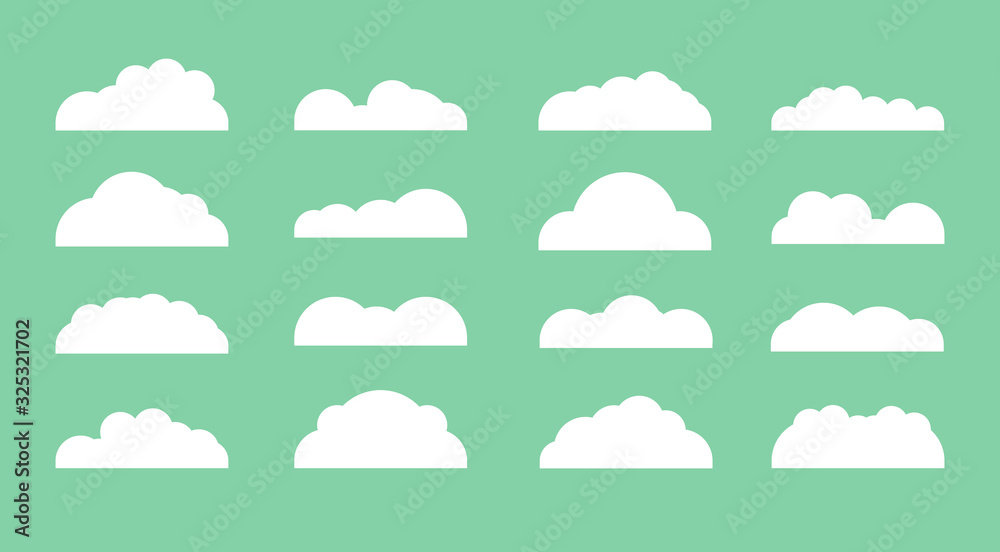 Set of diffenrent cloud icons in flat design isolated on green background. Cloud symbol for your web etc Set of diffenrent cloud icons in flat design isolated on green background. Cloud symbol for your web etc