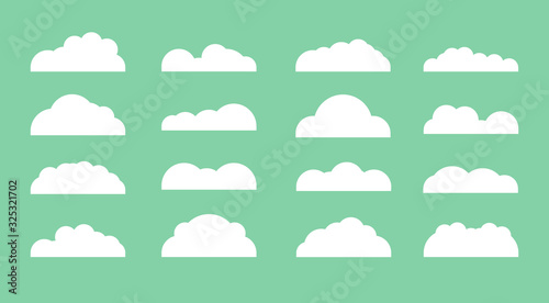 Set of diffenrent cloud icons in flat design isolated on green background. Cloud symbol for your web etc
