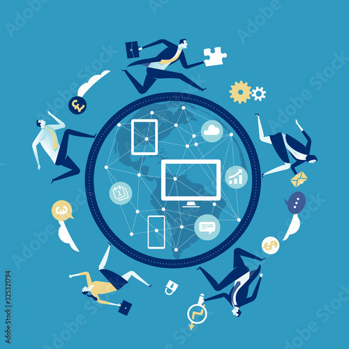 Connected World. The team is running around globe. Business vector illustration.