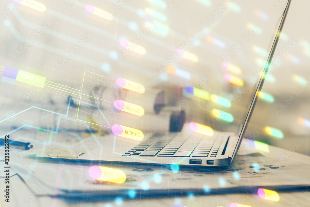 Double exposure of computer and technology theme hologram. Concept of freelance work. Double exposure of computer and technology theme hologram. Concept of freelance work.