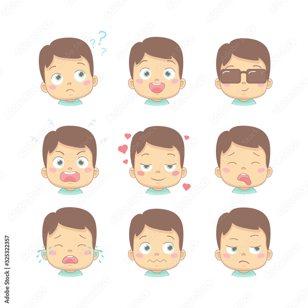 Set of cute cartoon baby with different funny emotions in flat design cartoon character. Cute children with thinking, joy, business, anger, in love, sick, crying and disgusted face.