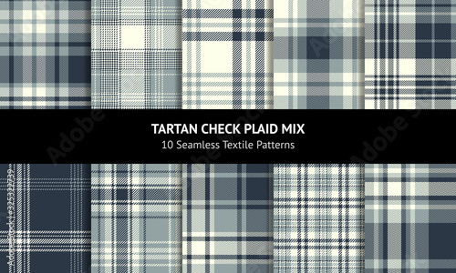 Plaid pattern set. Seamless tartan check plaid background in dark blue, grey, and off white for flannel shirt, dress, blanket, throw, duvet cover, or other modern textile design.