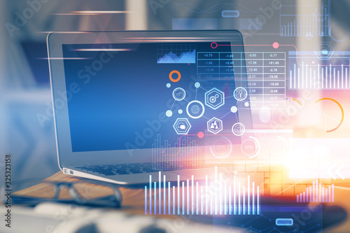 Multi exposure of computer on background and technology theme drawing. Concept of innovation.