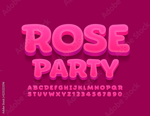 Vector bright logo Rose Party. Creative 3D Font. Funny Alphabet Letters and Numbers.