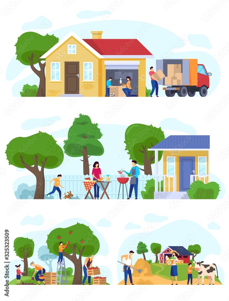 Family moving to countryside house, set of lifestyle scenes vector illustration. Happy family together, summer outdoor activities barbecue, help in apple orchard and farm work. Life in village concept