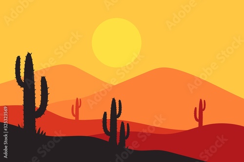 beautiful landscape of desert landscape with cactus mountains, abstract desert background vector illustration template suitable for landing page banner magazin poster and others