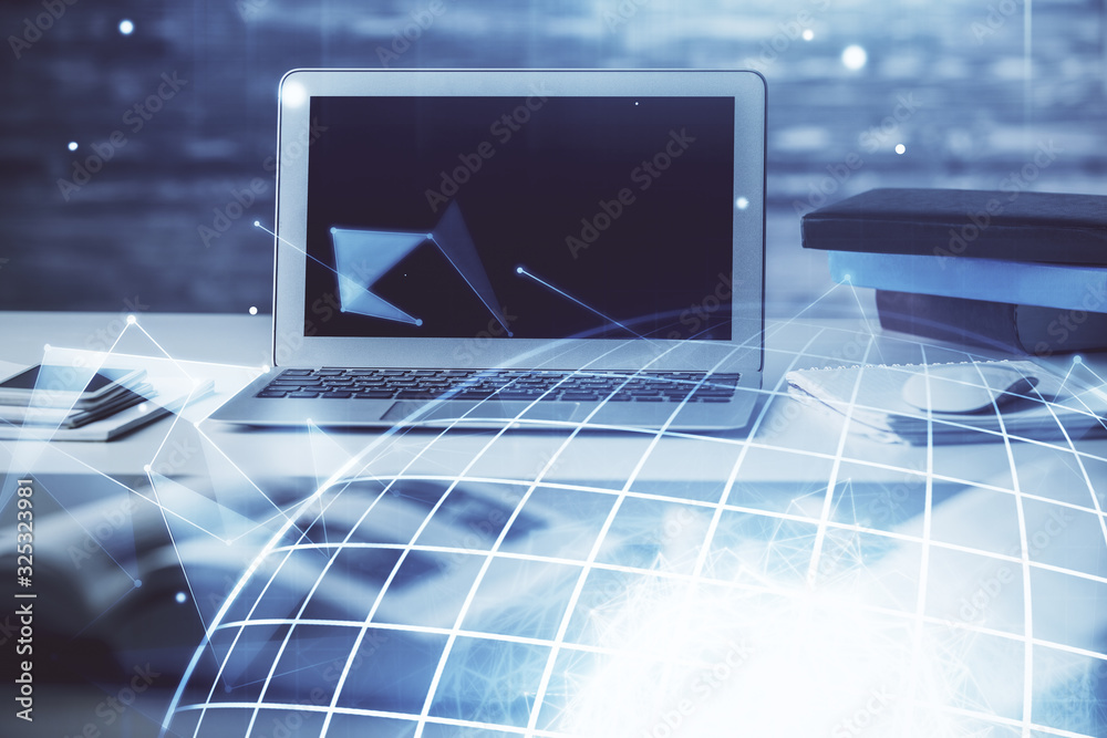 Multi exposure of table with computer and world map hologram. International data network concept. Multi exposure of table with computer and world map hologram. International data network concept.