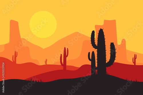 beautiful landscape of desert landscape with cactus mountains, abstract desert background vector illustration template suitable for landing page banner magazin poster and others