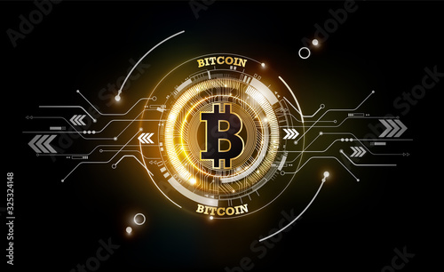 Golden bitcoin digital currency, futuristic digital money, technology worldwide network concept, vector illustration photo