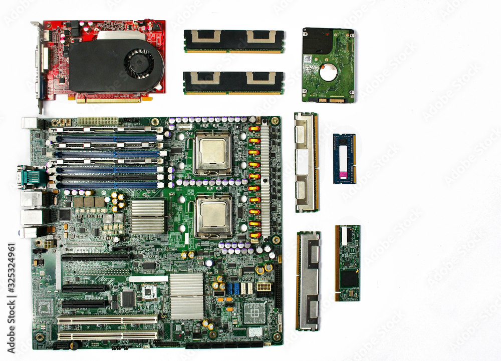 Computer parts: motherboard, graphics card, ram memory, hard disk Computer parts: motherboard, graphics card, ram memory, hard disk
