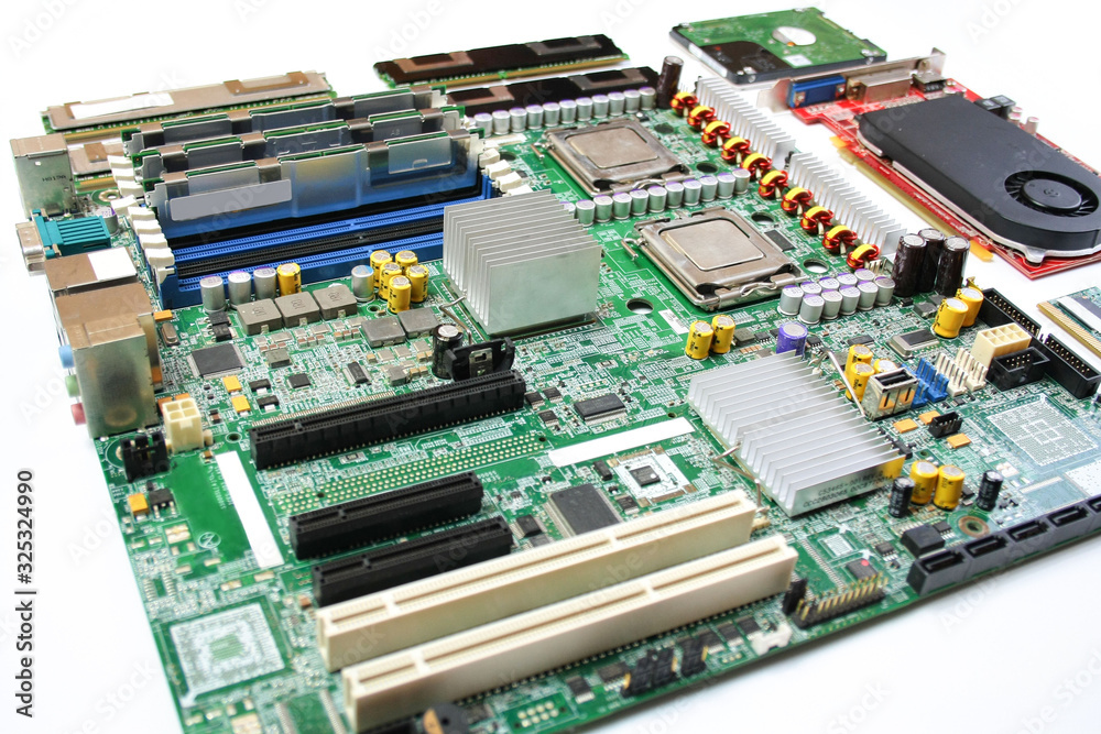 Computer motherboard with processor, ram memory, graphics card