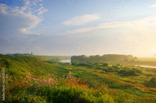 Rural landscape with a river at summer time
