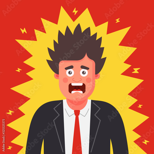 a man in a suit was shocked. static electricity on clothes. Flat character vector illustration.