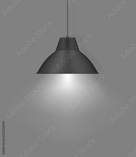 Hanging pendant lamp. Modern interior light. Chandelier with gray metal lampshade. Realistic vector illustration