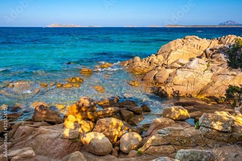 Panoramic view of the Costa Smeralda - Emerald Cost - seaside in Capriccioli beach tourist destination and resort at the Tyrrhenian Sea coast in Sassari region of Sardinia, Italy © Art Media Factory