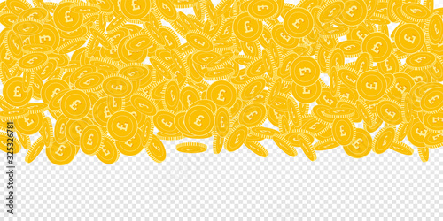 British pound coins falling. Scattered big GBP coi