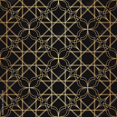 Art deco seamless pattern with gold lines. Vintage geometric background gatsby. Luxury backdrop nouveau. Golden lined art deco ornate. Elegant geometric ornament. Vector graphic subtle diamond lattice
